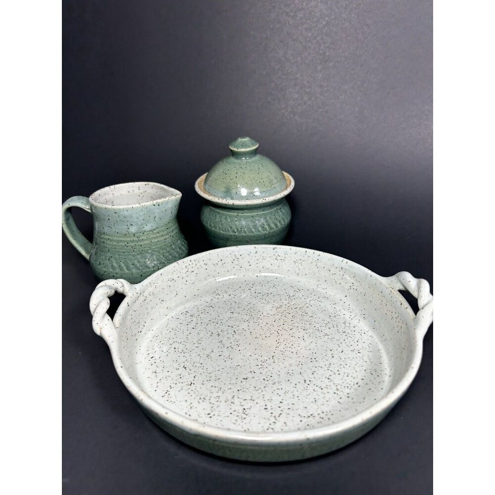 Signed Studio Art Pottery Cream And Sugar On Serving Tray Green Speckled Glaze - Picture 4 of 11